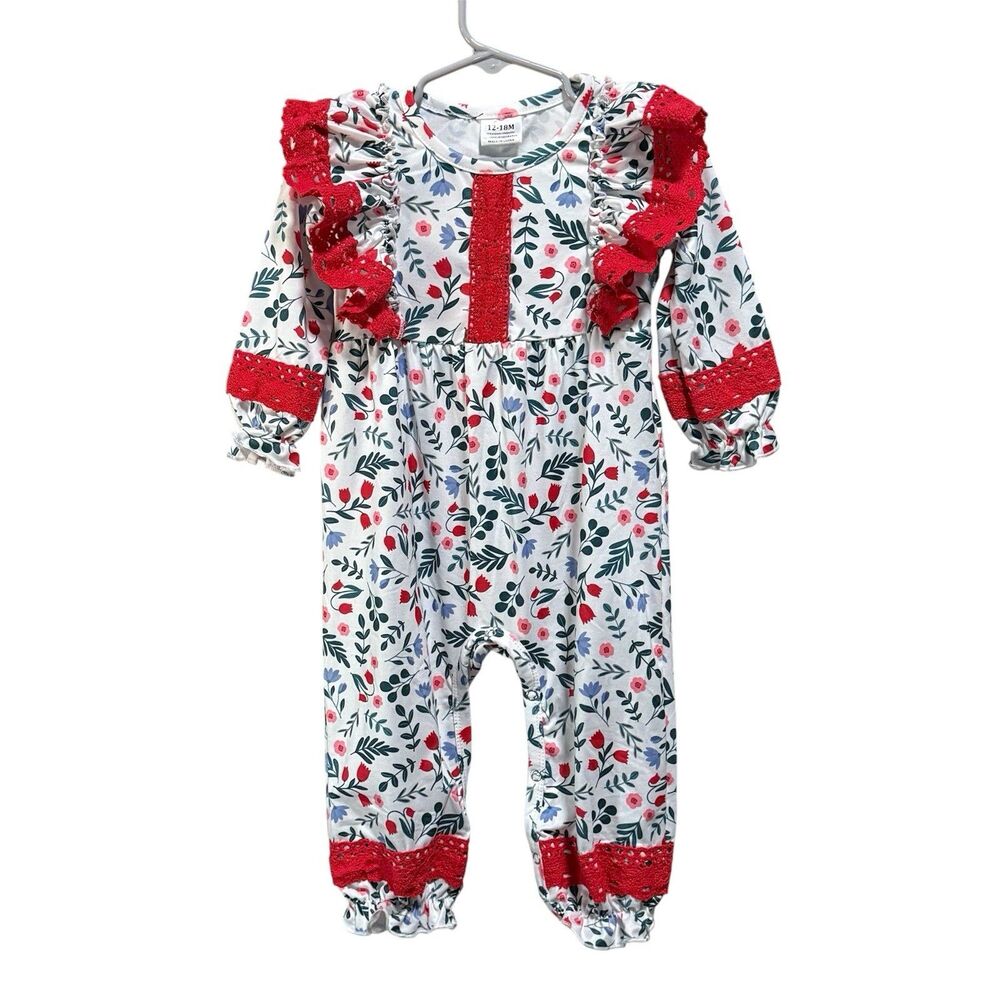 Baby Girl Floral Ruffle Romper 12-18m Boutique Style Red Trim Long Sleeve